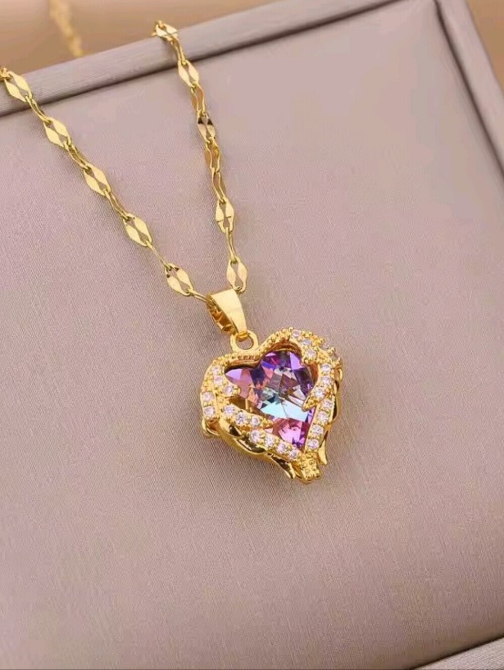 Rainbow Crystal Heart Necklace 18K Gold Romantic Pendant Jewelry